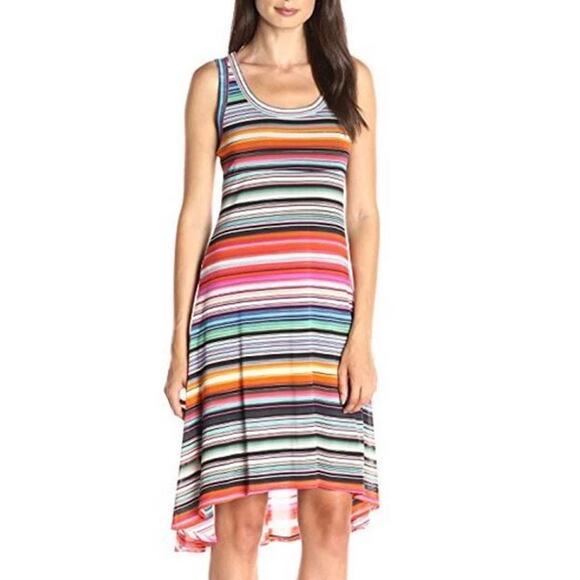 Karen Kane Women's Multi Striped Hi Low Hem Stretch Mesh Dress Size M - Picture 3 of 16
